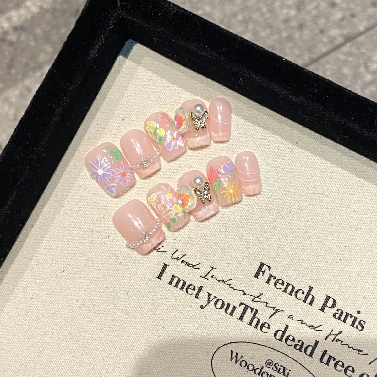 Handmade Press-On Nails Short Pink French Flowers | 10pcs Set
