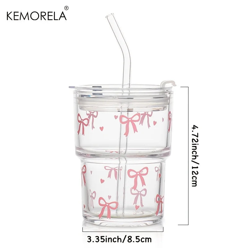 KEMORELA 380ml Pink Bow Glass Cup with Lid & Glass Straw