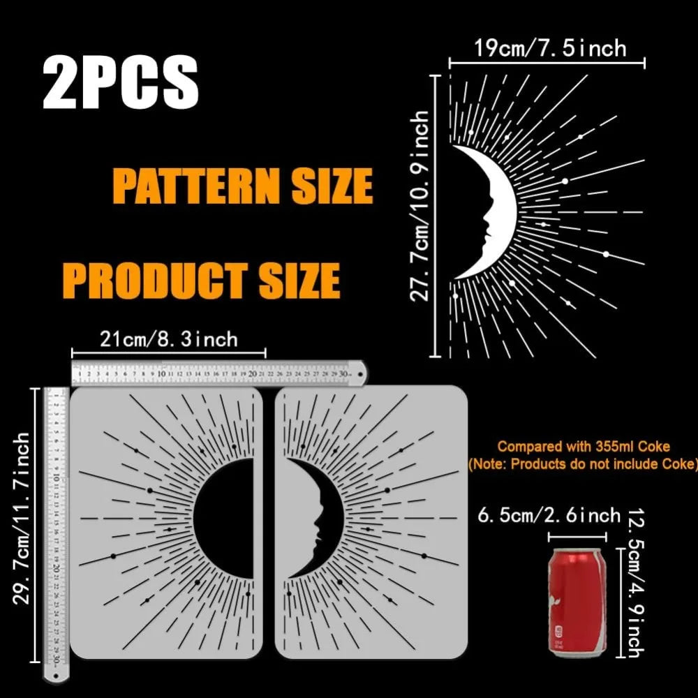 2-Pack Boho Sun & Moon Reusable Stencils 8.3x11.7" DIY Art