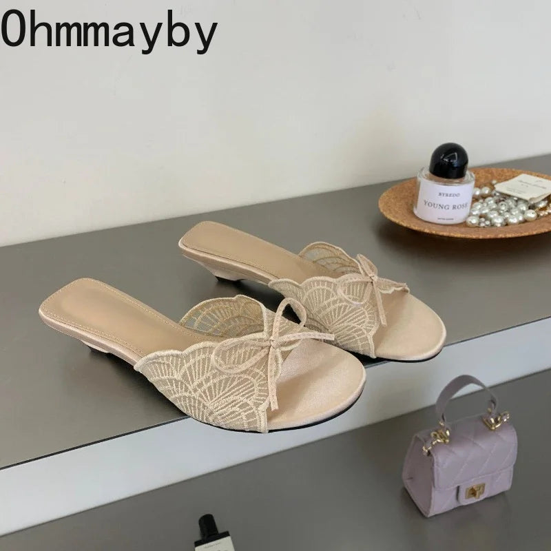 Lace Butterfly-Knot Women's Slide Sandals | Low Square Heel