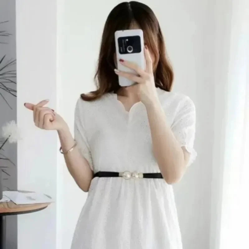 Women's Elastic Pearl Buckle Thin Belt – PU Waist Strap