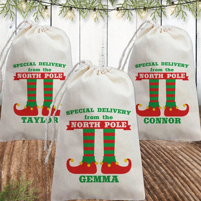 3-Pack Personalized Christmas Elf Drawstring Gift Bags | Custom Name