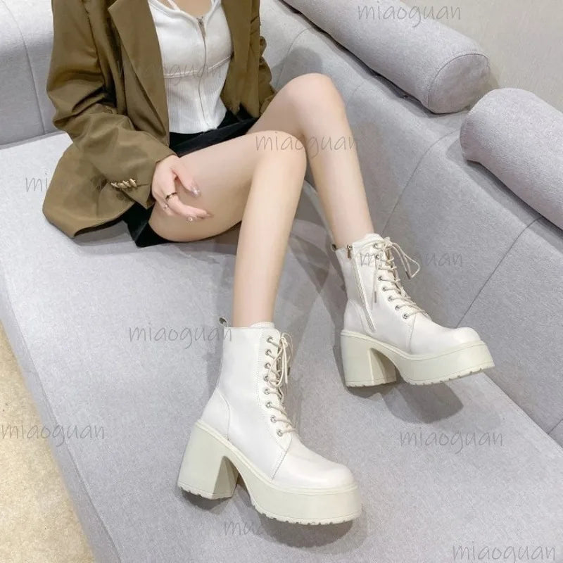 Women's Waterproof Platform Lace-Up Ankle Boots 9cm Heel