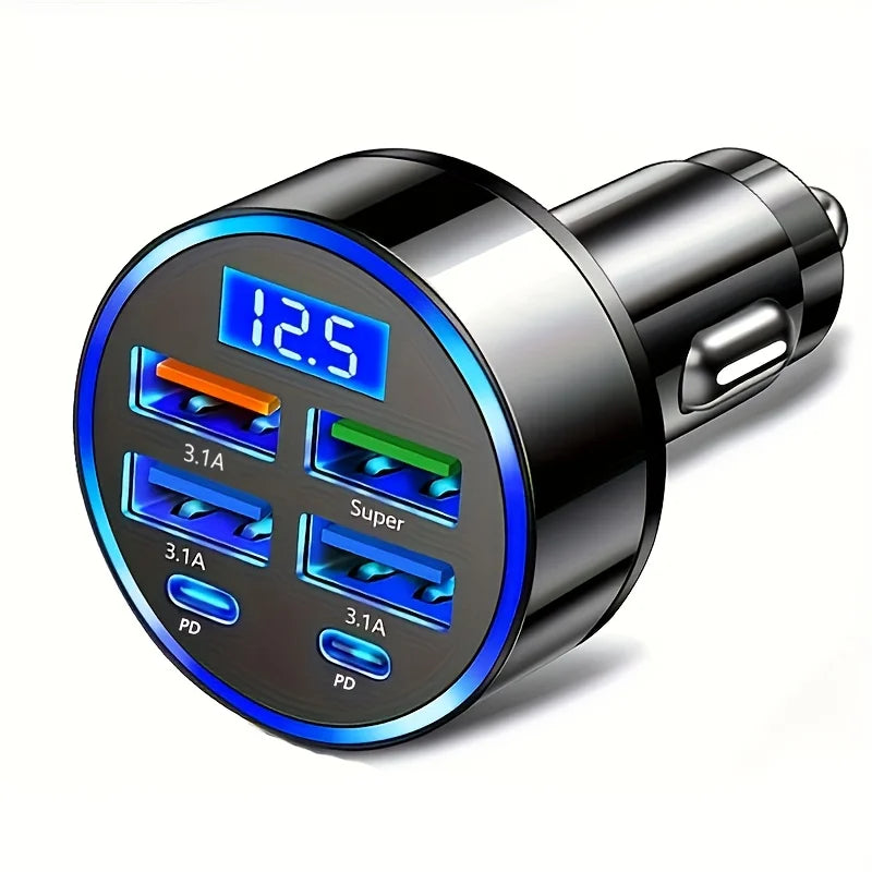 120W 6-Port USB-C Car Charger PD QC3.0 Fast Charge Adapter