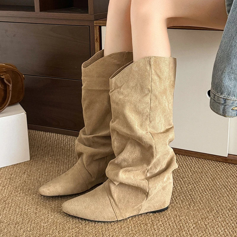 Women's Khaki Suede Mid-Calf Western Boots | Pointed Toe