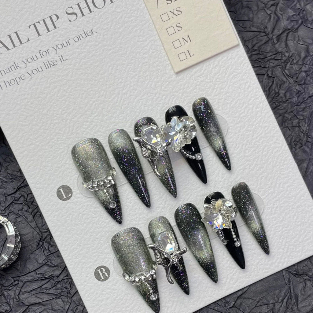 Gothic Black Silver Press-On Nails | Long Crystal Stiletto Set