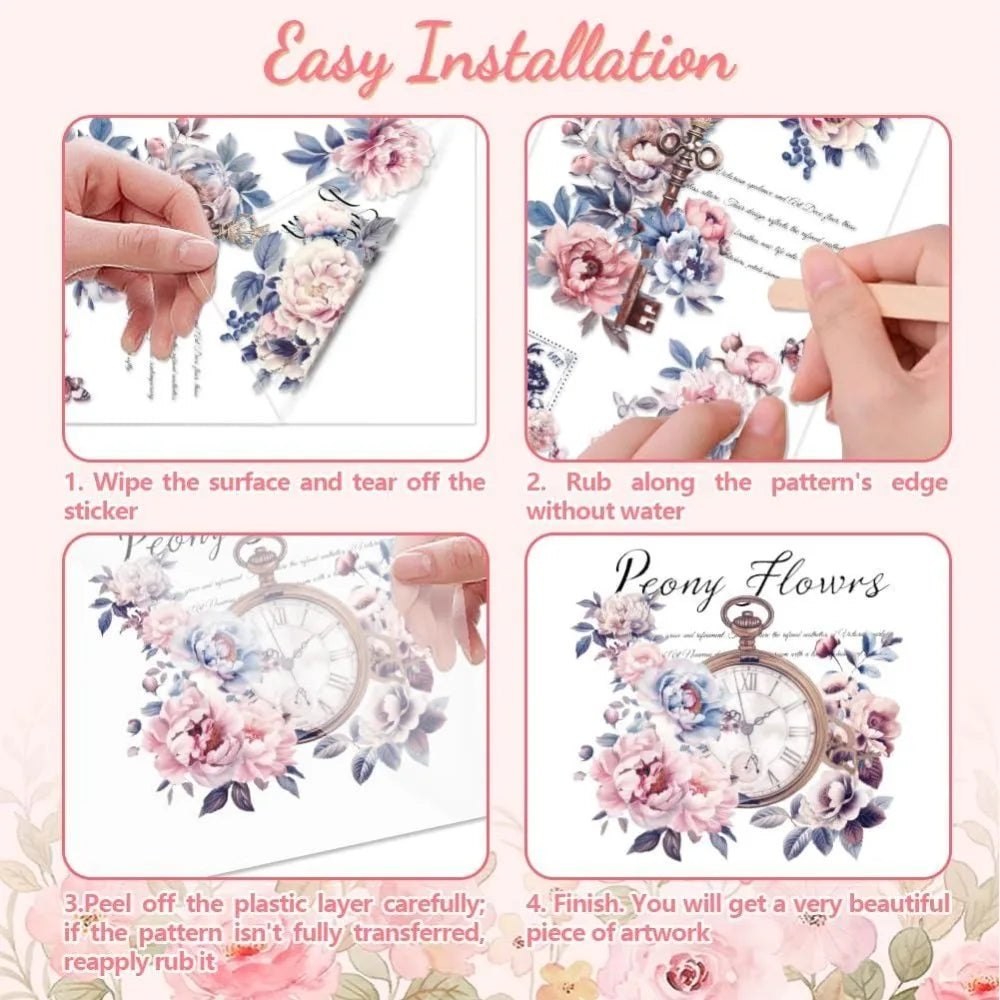 Vintage Peonies Rub-On Transfer Decals 6×12" – 3 Pack