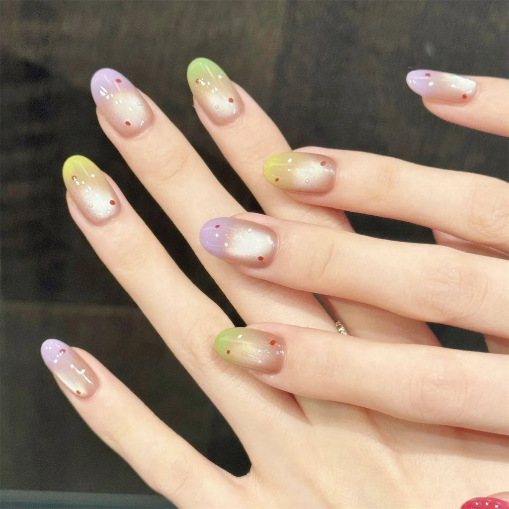 Handmade Cat's Eye Press-On Nails | Rainbow Gradient Almond Tips