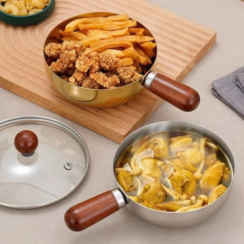 Korean Ramen Pot Lid Stainless Steel Wooden Handle Noodle Cooker 1-2