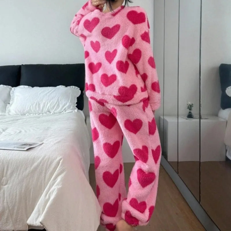 Women's Pink Heart Coral Fleece Pajama Set – Warm 2Pc Loungewear