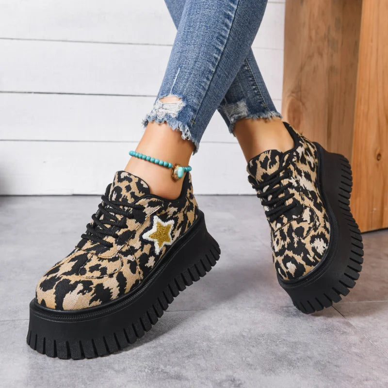 Women's Leopard Print Platform Sneakers – Thick Sole Height Boost