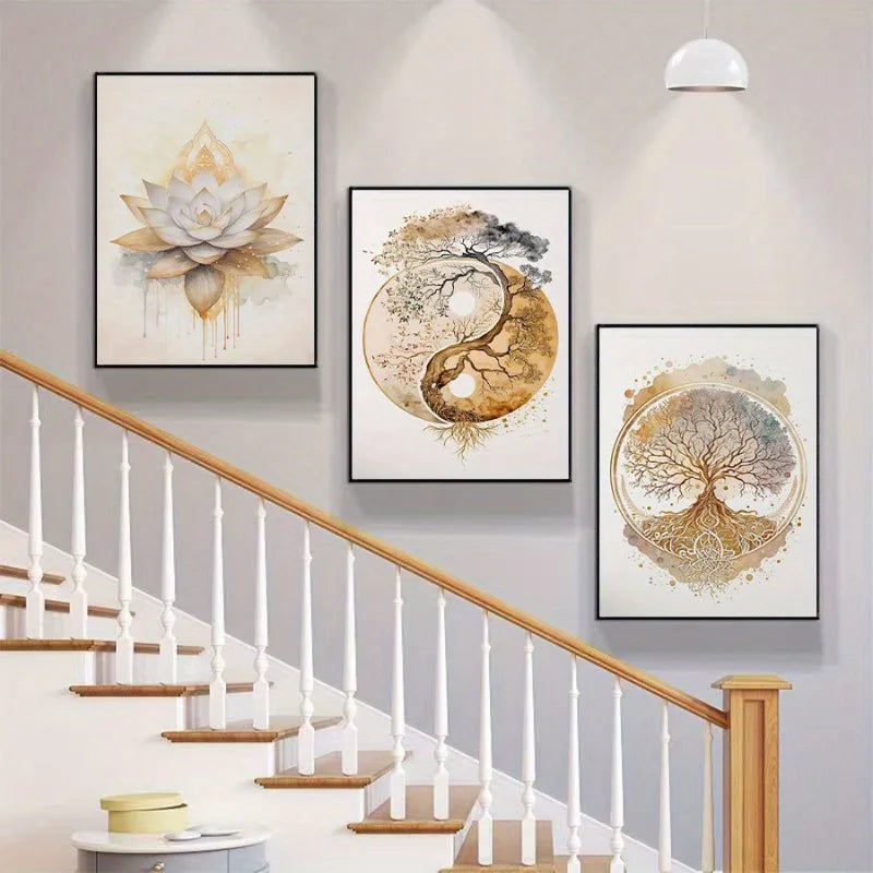 3-Piece Bohemian Lotus & Tree of Life Canvas Wall Art Prints