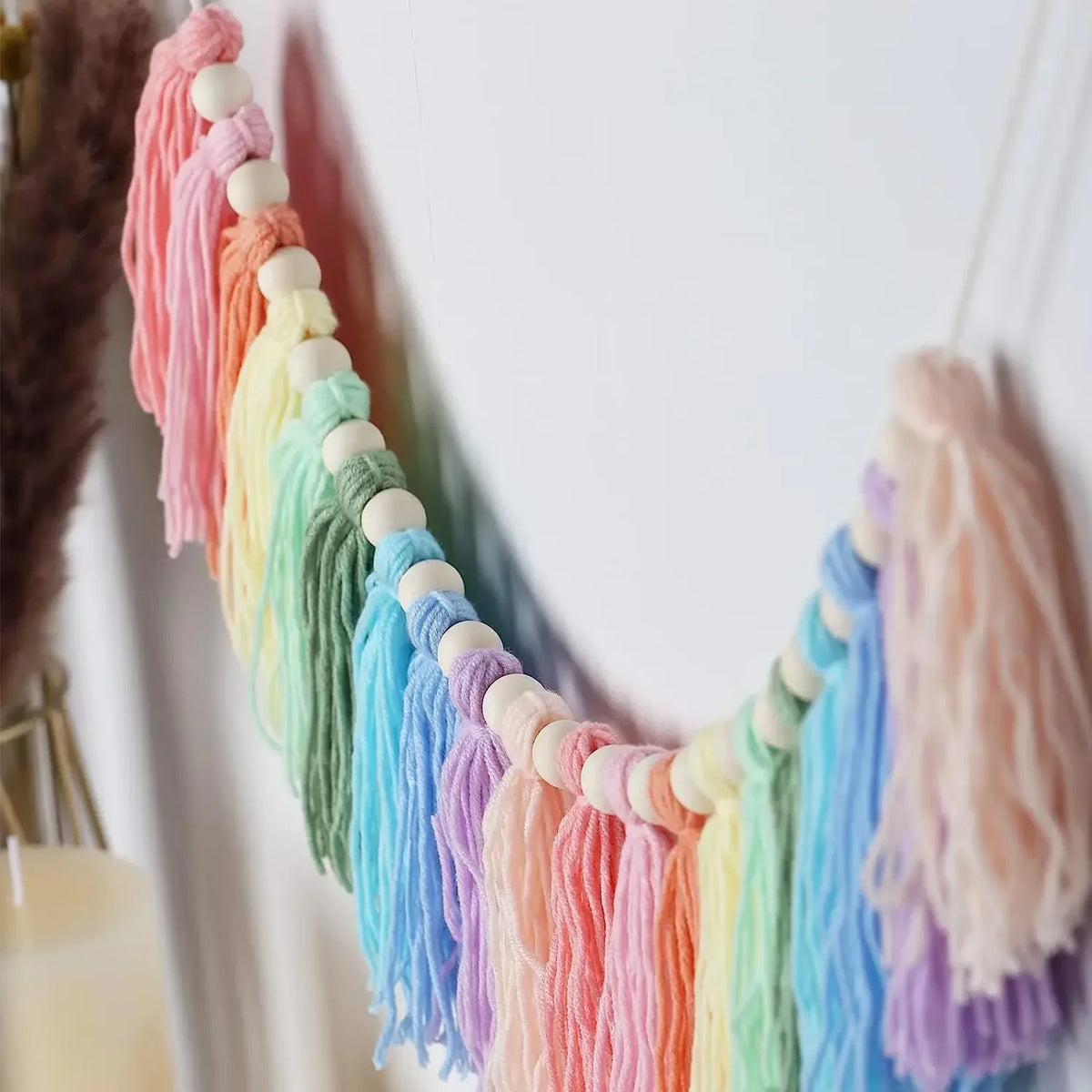 Rainbow Tassel Garland Colorful Pom Wood Bead Easter Spring Girls