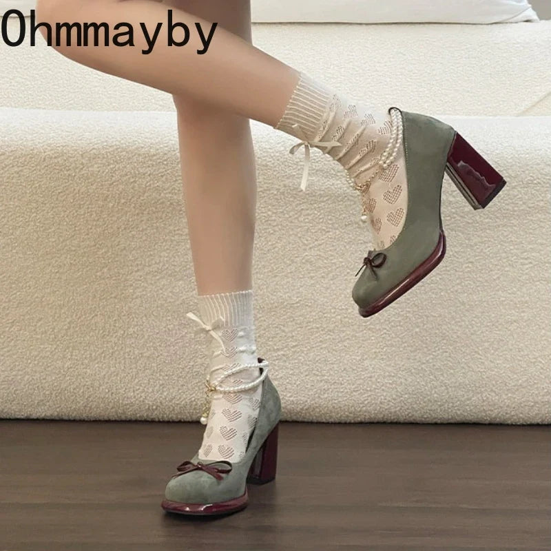 Women's Pearl Buckle Mary Jane Platform Pumps Butterfly-Knot