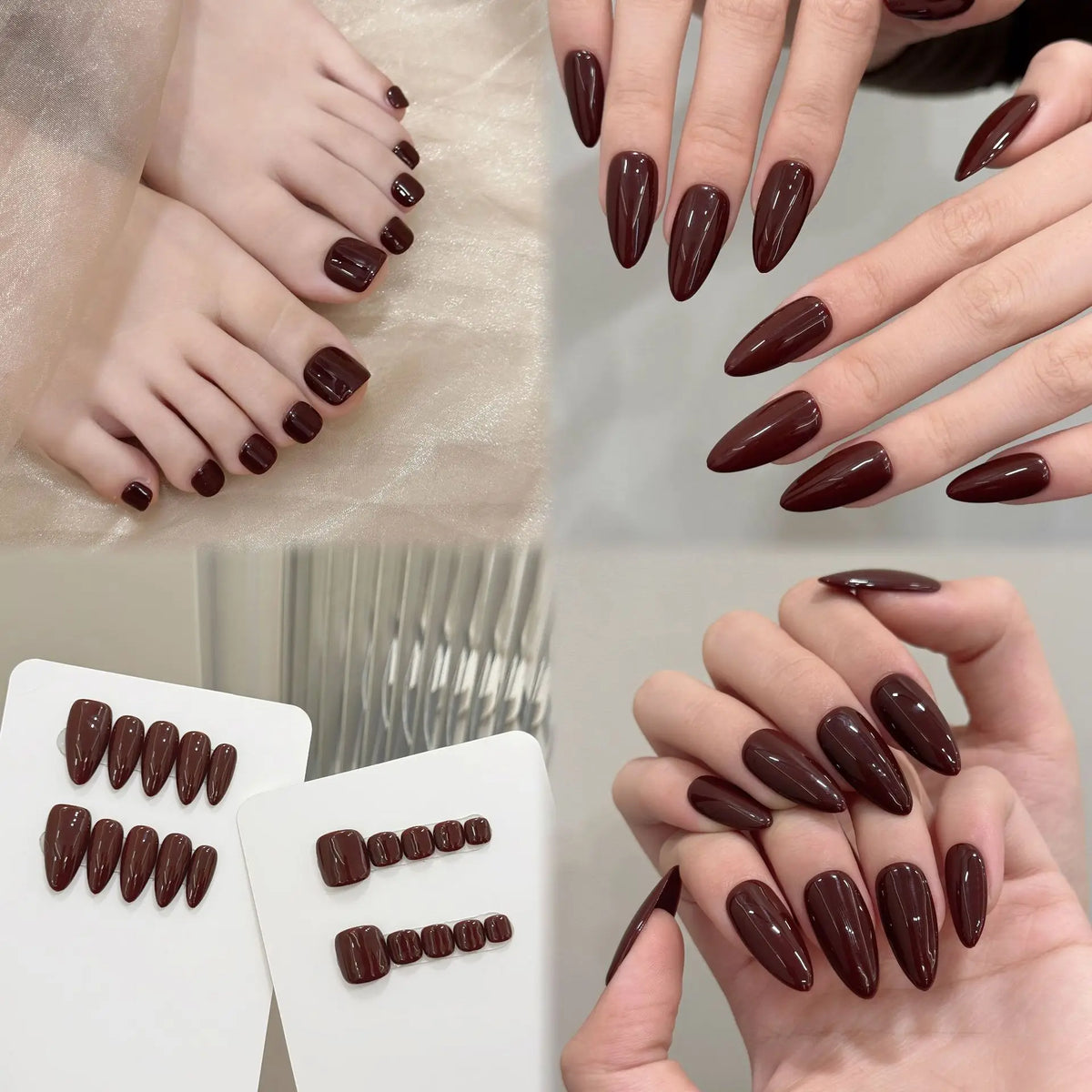 Almond Press On Toenails – 10pc Brown Solid Color False Nail Set