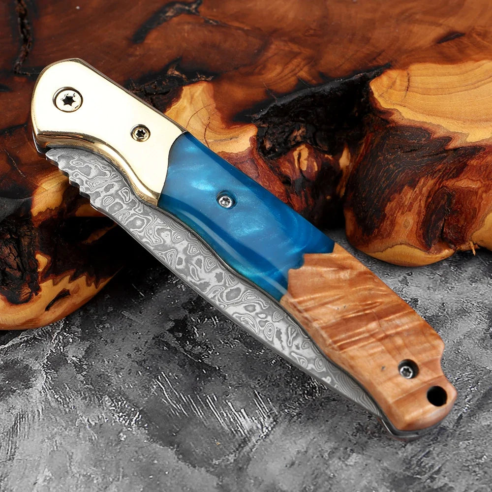 Damascus Steel Folding Knife – Rosewood & Resin Handle | EDC