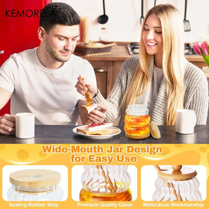 KEMORELA Glass Honey Jar with Wooden Spoon & Lid – 330/450ML