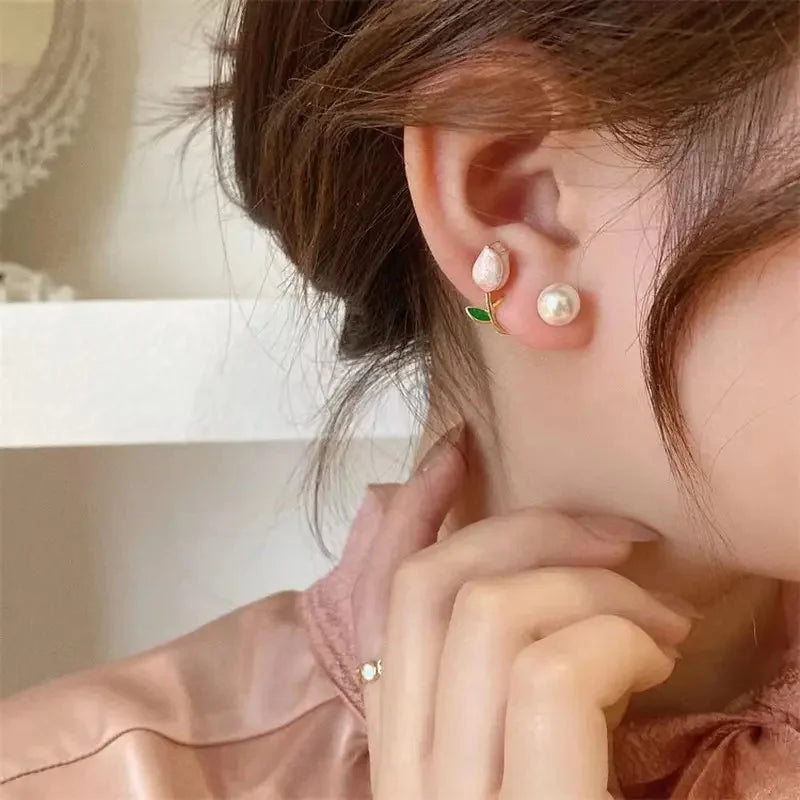 Huitan Pink Rose Stud Earrings with Imitation Pearl | Women