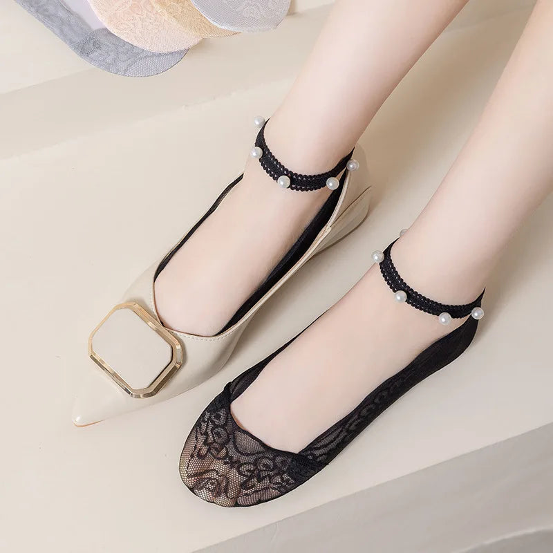 Women's Lace Invisible Socks 5 Pairs | Pearl Anti-Slip Ankle Socks