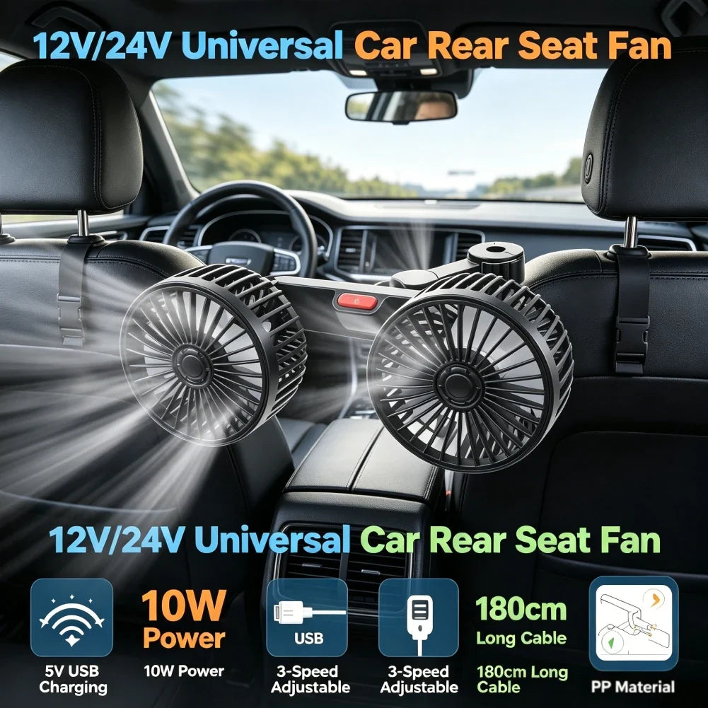 Car Fan 360 3-speed Seat Back Cooling USB Charge Dual Head Adjustable