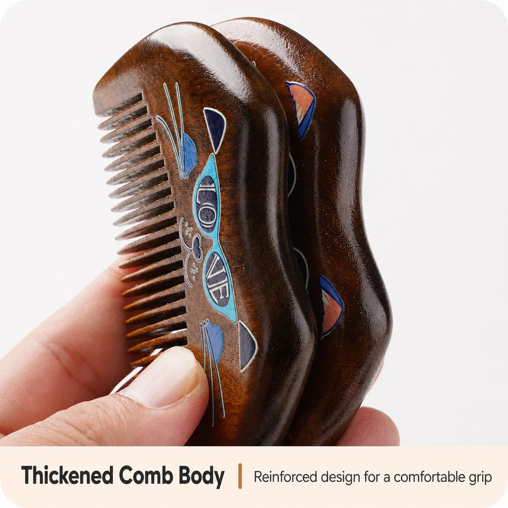 Handcrafted Sandalwood Hair Comb – Carved Cat Design | Portable