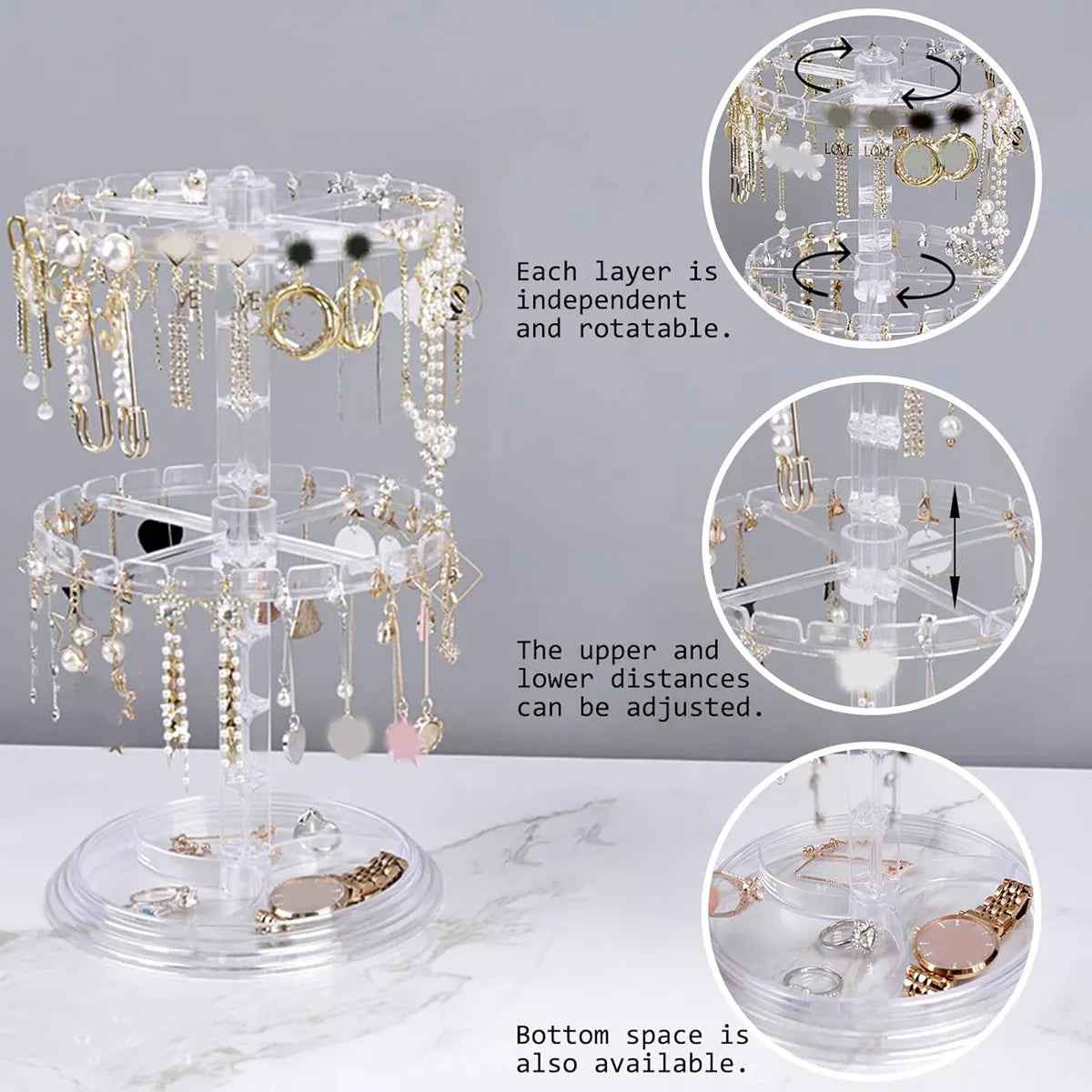 Double Layered Rotating Jewelry Rack Transparent Tree Shaped Display