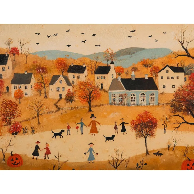 Halloween Ghost Town Canvas Wall Art | Whimsical Fall Print