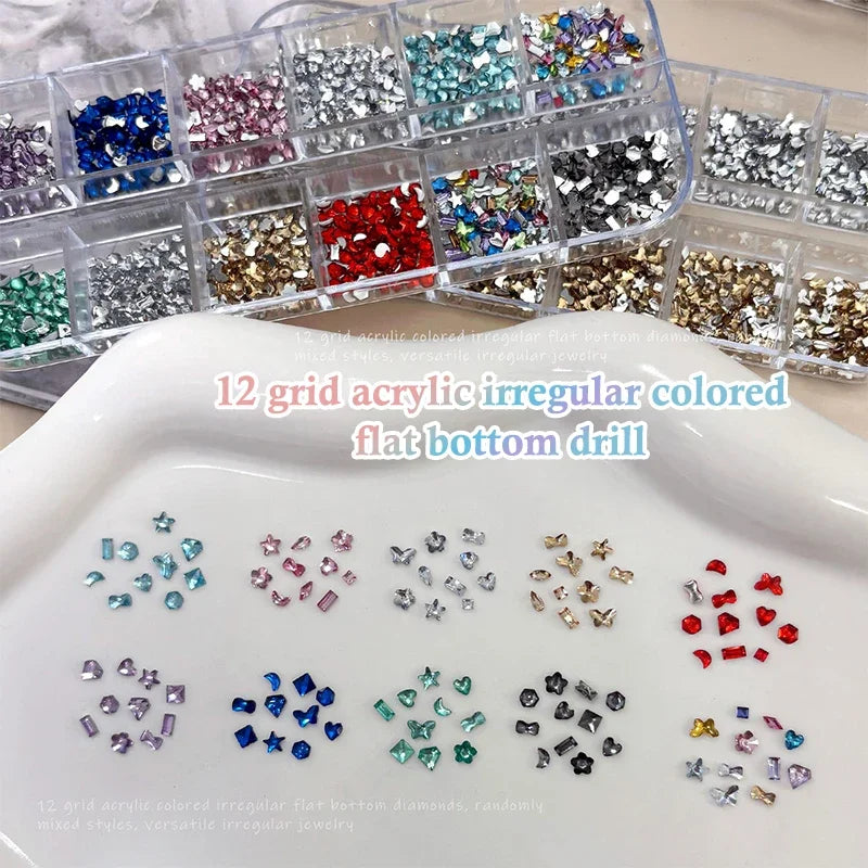 12-Grid 3D Flatback Nail Rhinestones | Crystal Nail Art Charms