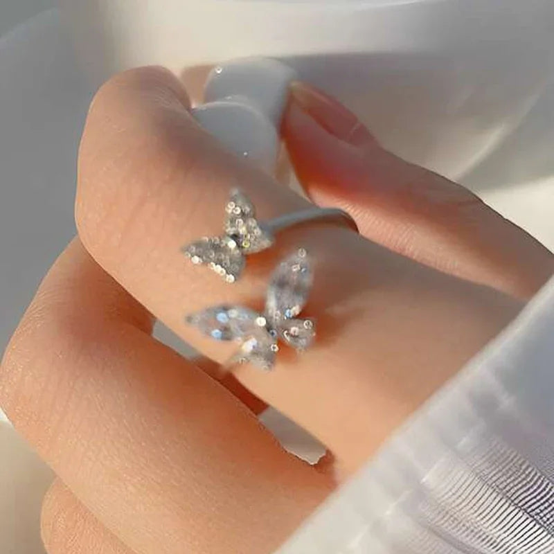 Huitan Butterfly Opening Ring Women – Silver CZ Fashion Jewelry