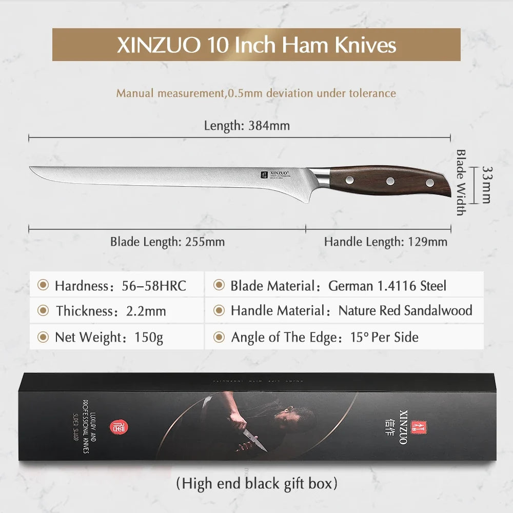 XINZUO 10" Ham Slicing Knife – German 1.4116 Steel Sandalwood
