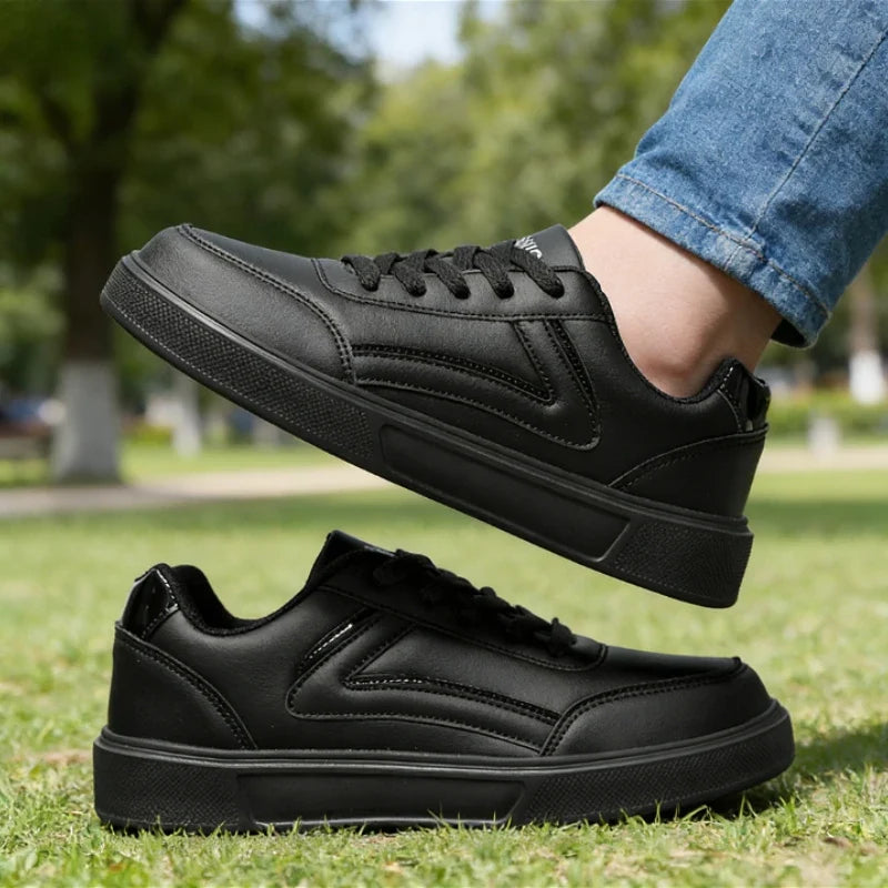 Women's All Black Lace-Up Leather Sneakers | Lightweight Work Shoes