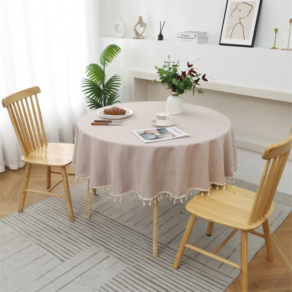 Round Cotton Linen Tablecloth with Tassels | Waterproof & Dustproof