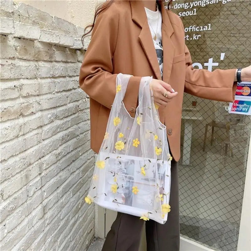 Mesh Embroidered Floral Tote Bag | Travel & Shopping Bag
