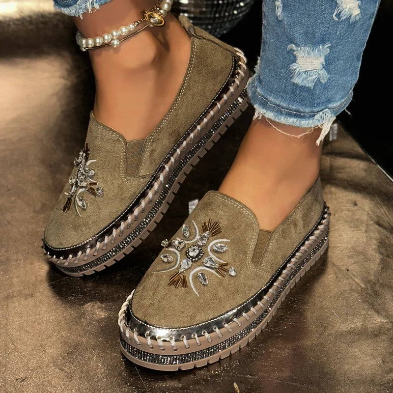 Rhinestone Bow Loafers – Women's Thick Sole Flat Slip-On Shoes