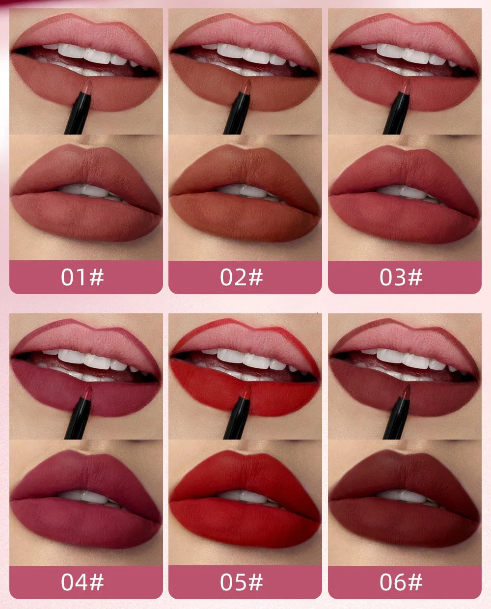 QiBest 2-in-1 Lip Liner & Gloss Pen – 6 Colors, Matte
