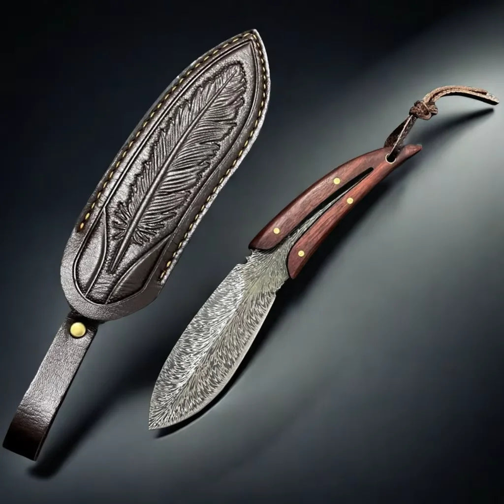 EDC Fixed Blade Knife – Patterned Leaf Blade & Wood Handle