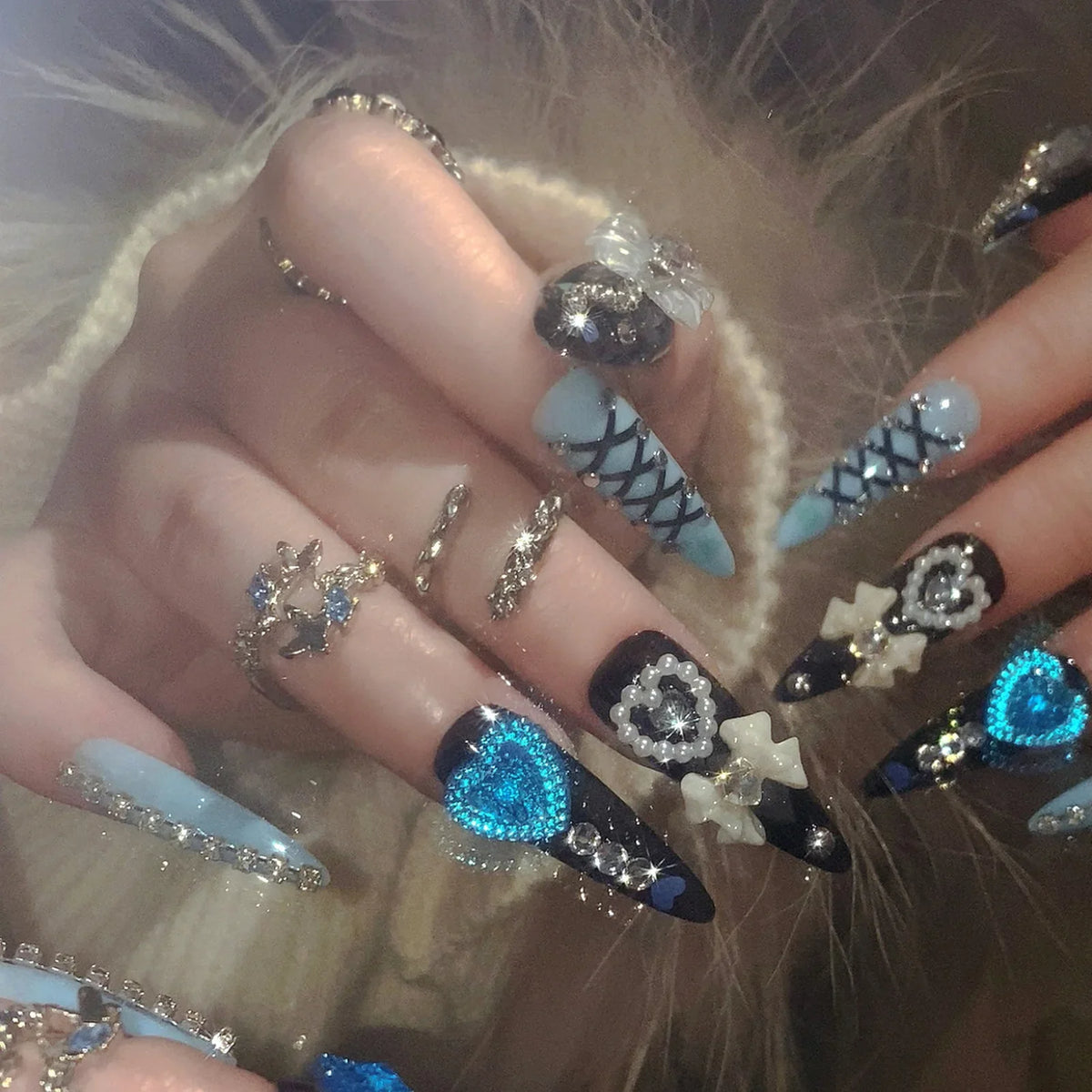 24pcs 3D Bow Press On Nails | Y2K Glitter Rhinestone Almond Set