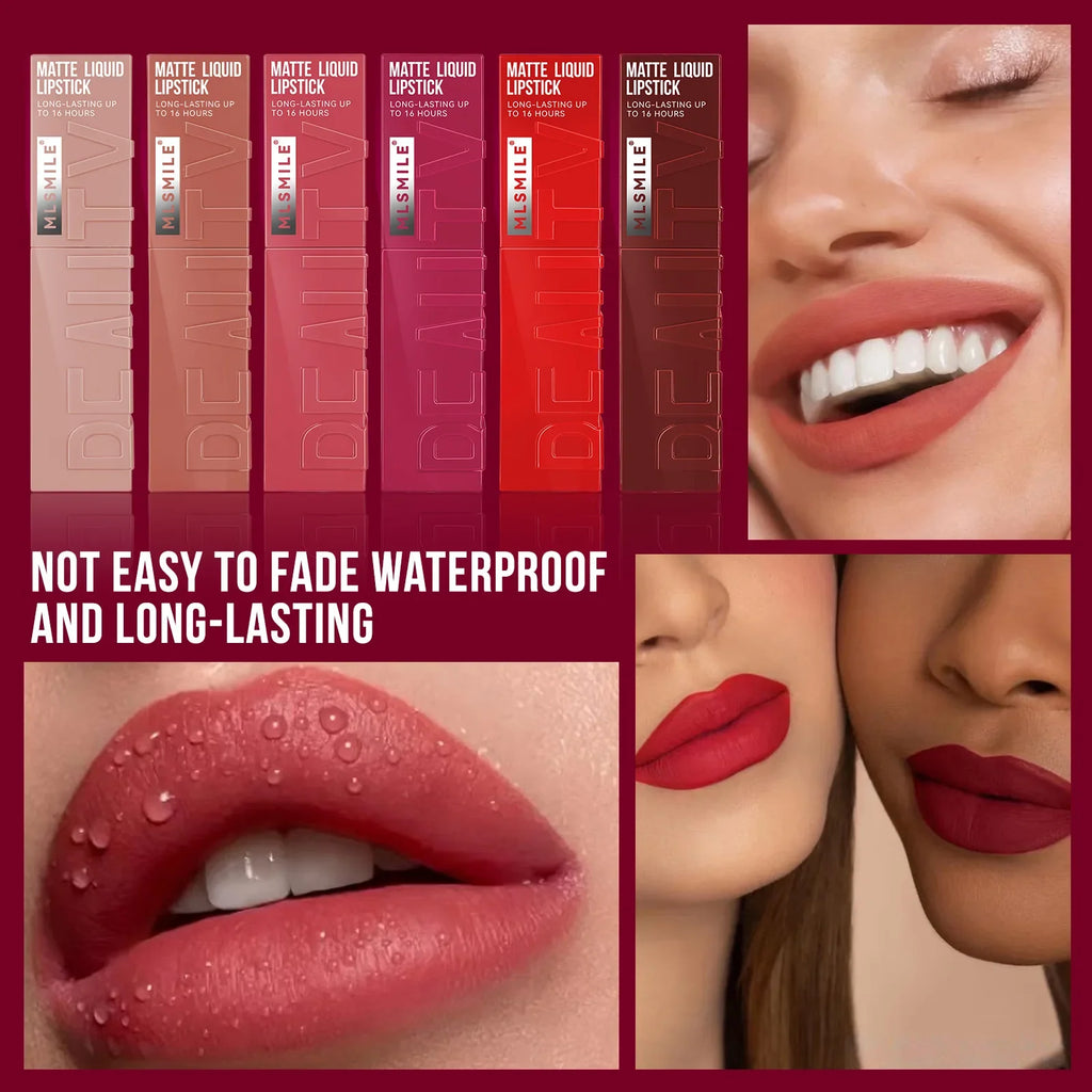 MLSMILE 6-Color Liquid Matte Lipstick – Velvet Satin Gloss