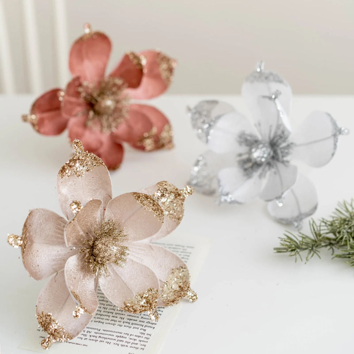 20cm Pink Glitter Magnolia Christmas Flower Pick | Xmas Decor