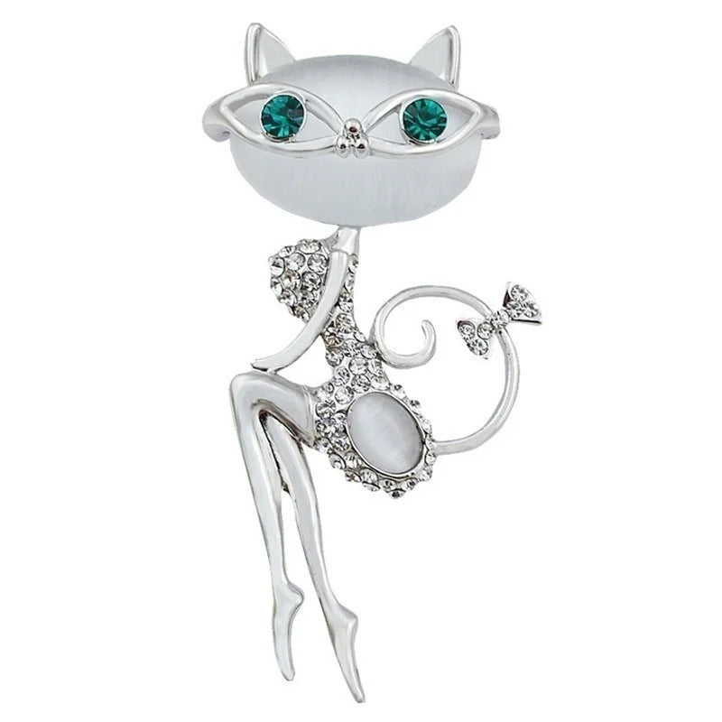 Opal Cat Eye Stone Brooch – Crystal Kitten Pin for Women
