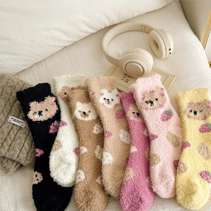 Women's Cozy Coral Fleece Socks – Cute Strawberry Bear Plush