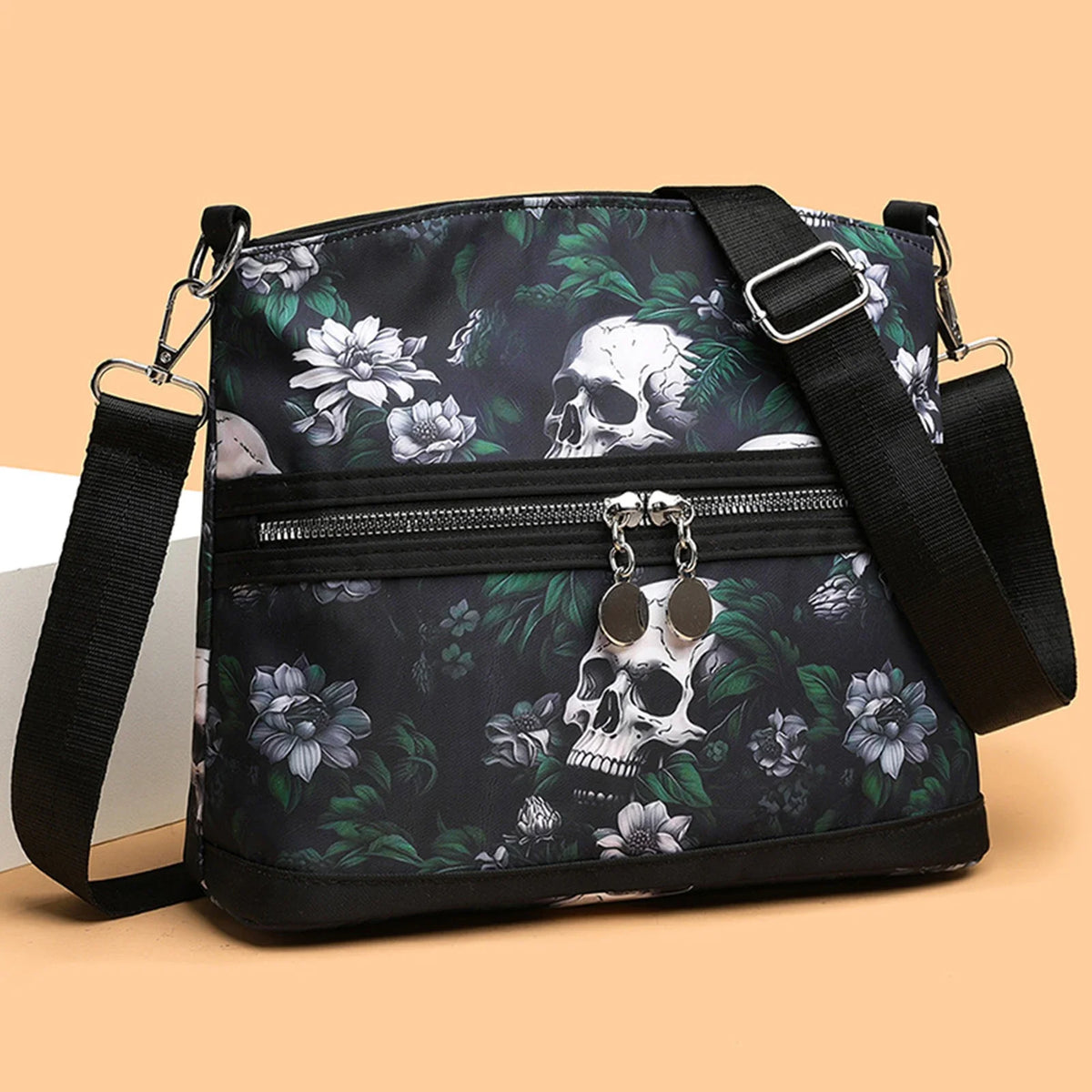 Skull Graphic Crossbody Bag for Women – Multi Pocket Purse
