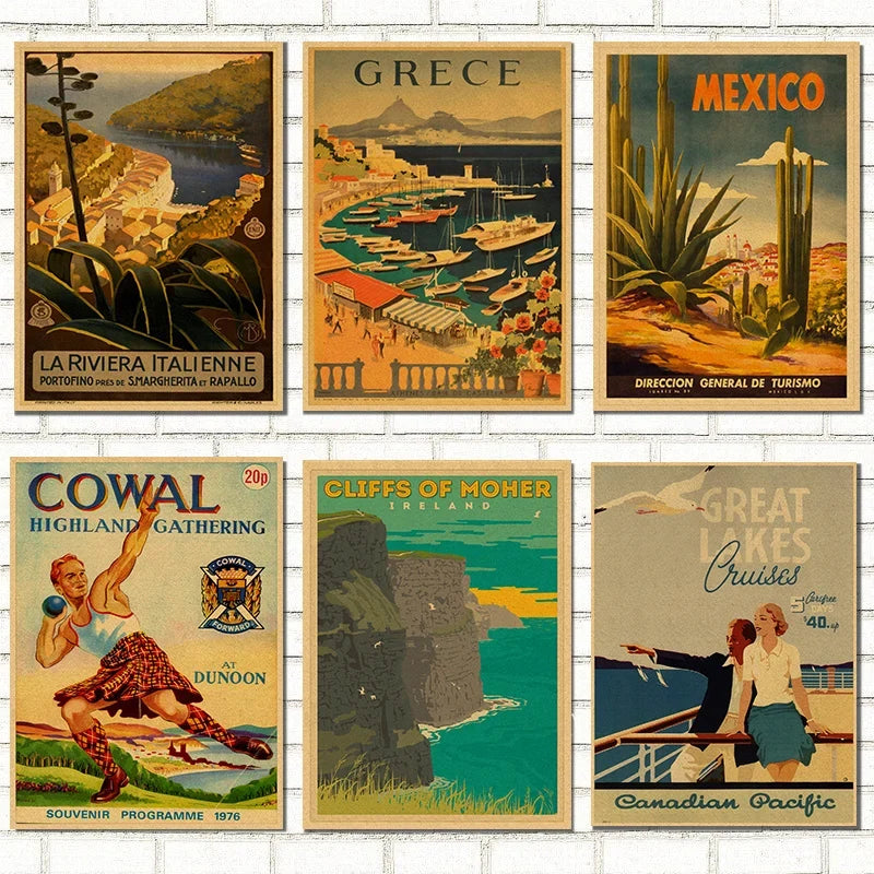 Vintage Travel Poster Wall Art | Kraft Paper Retro City Print