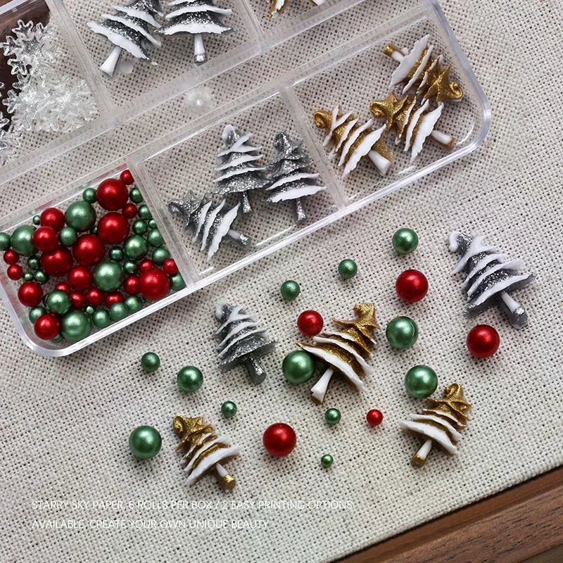 Christmas Nail Charms Set | 6-Grid Snowflake & Bead Rhinestones
