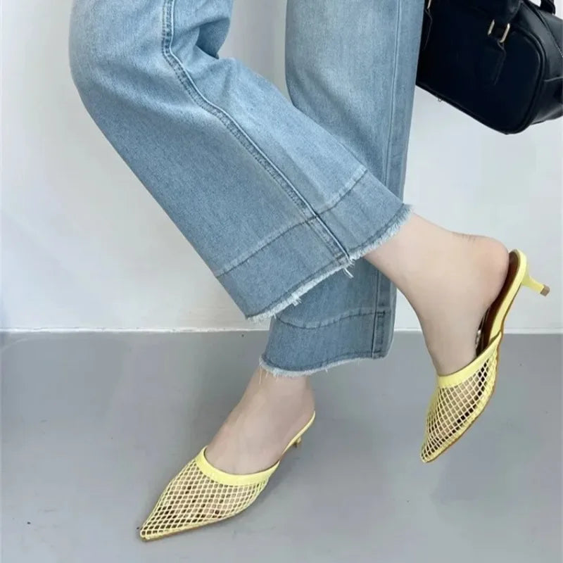 Women's Mesh Mule Sandals – Pointed Toe Low Heel Slingback