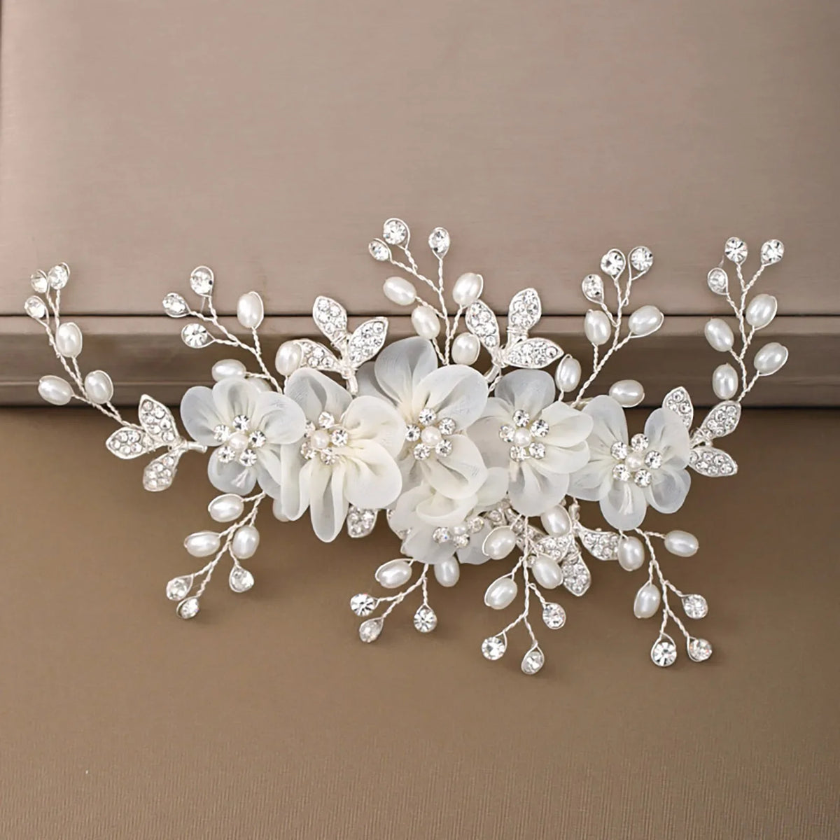 White Flower Hair Clip with Rhinestones & Pearls | Floral Hairpin