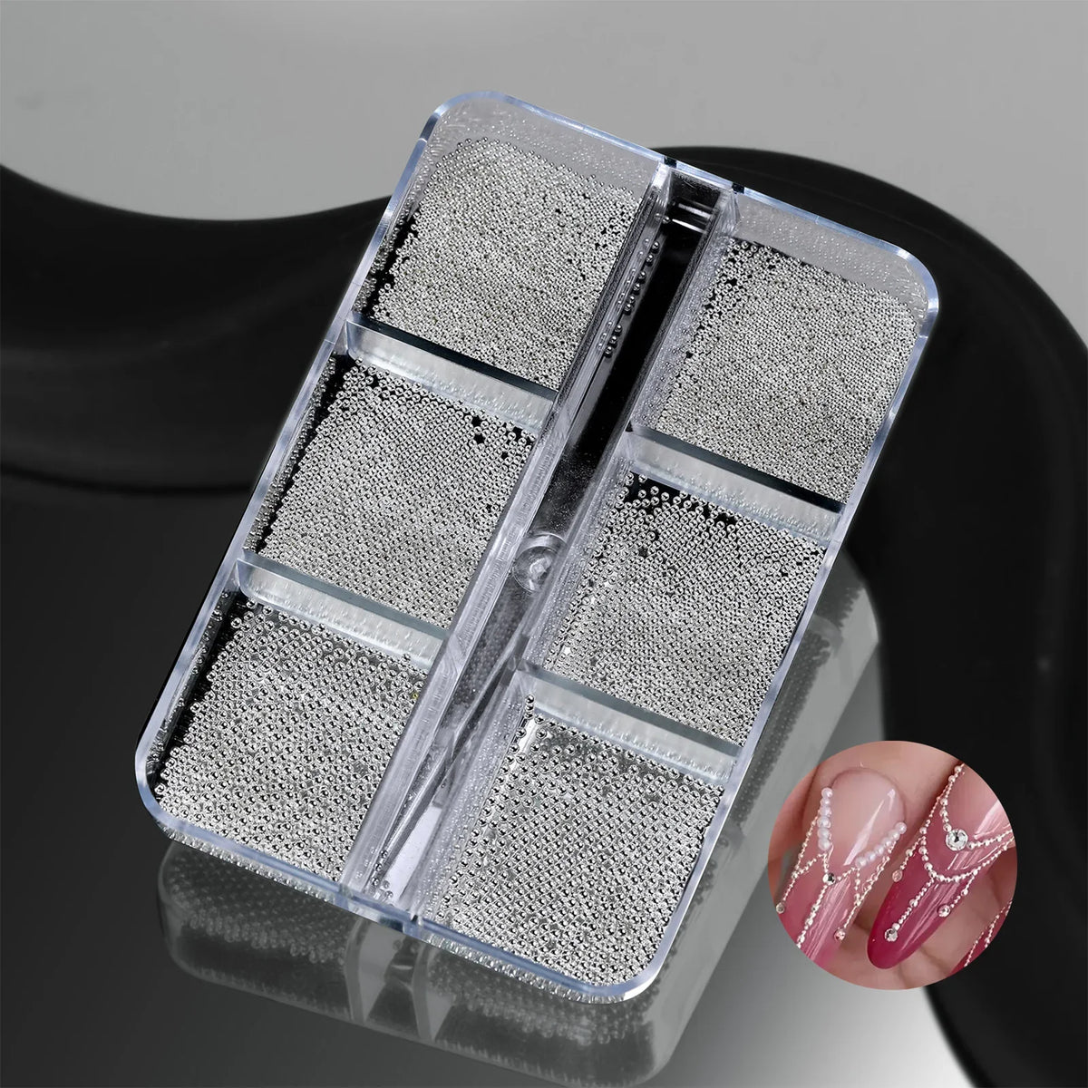 Steel Bead Nail Art Kit – 6-Grid Gold & Silver Manicure Charms