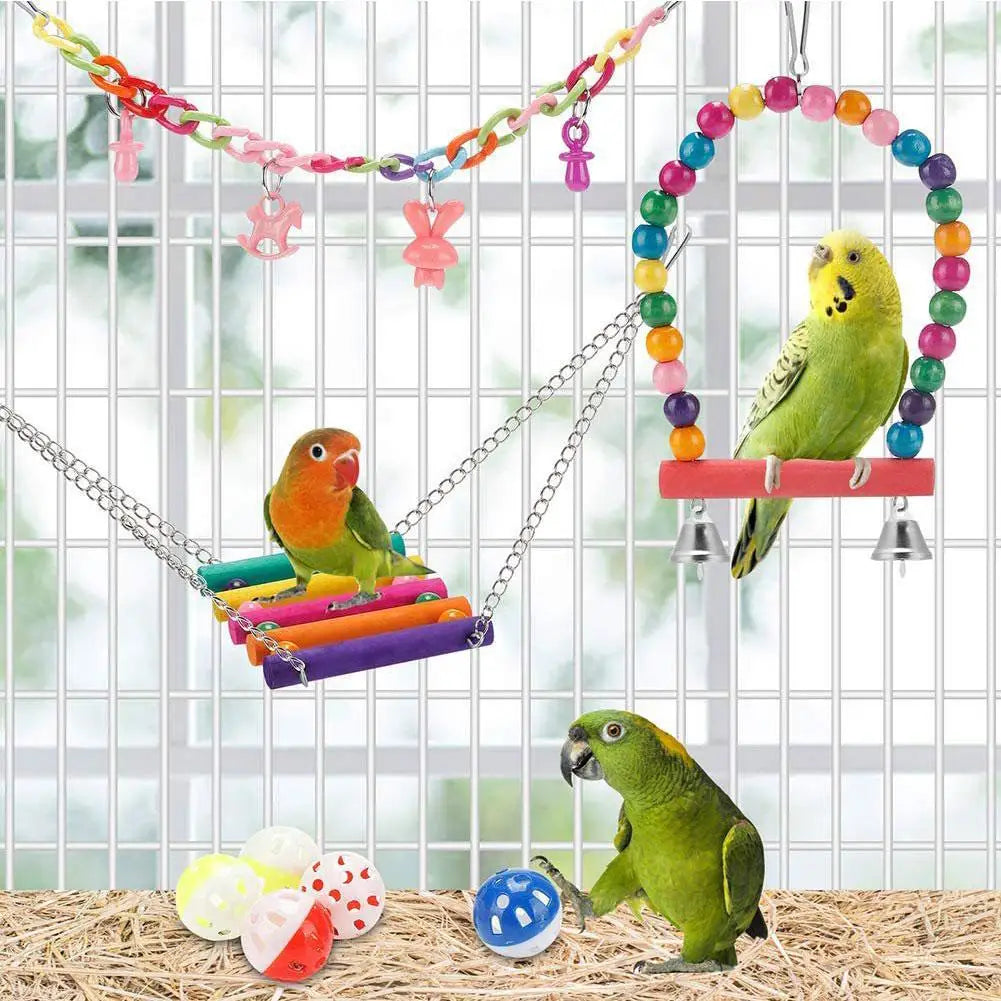 11-Piece Natural Wood Parrot Toy Set – Swing, Chew & Bell Toys