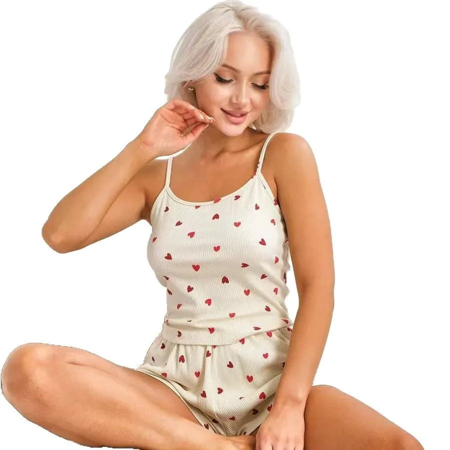 Women's Heart Print Pajama Set – Camisole & Shorts Sleepwear