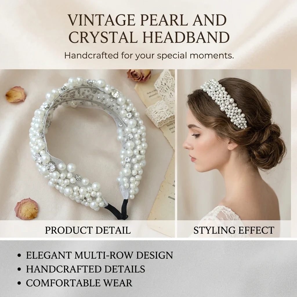 Vintage Pearl Bridal Headband | Handmade Multi-Row Wedding Hair